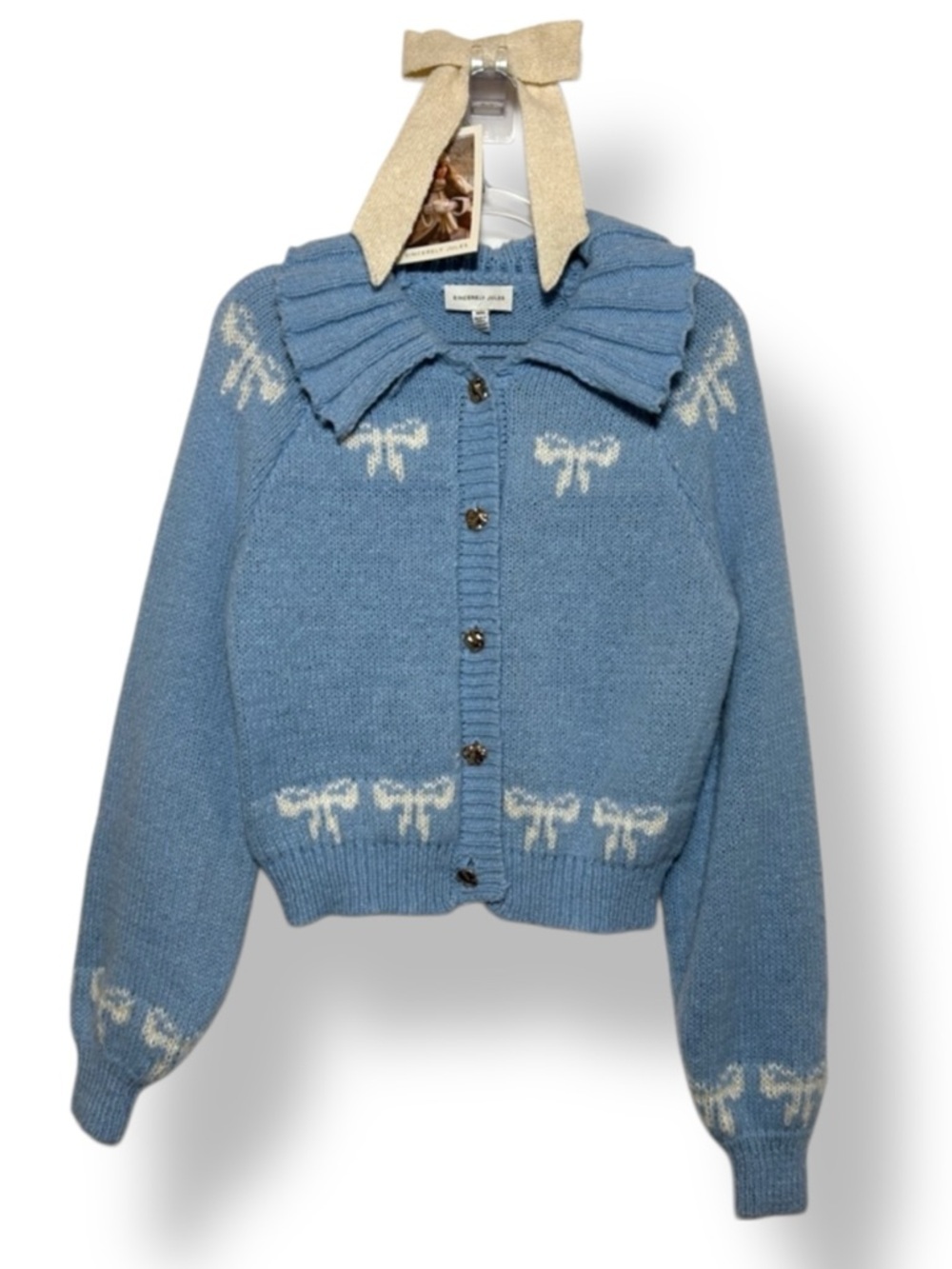 Sincerely Jules Sweater Blue Bow Motif Knit Cardigan & Hair Bow Size Medium